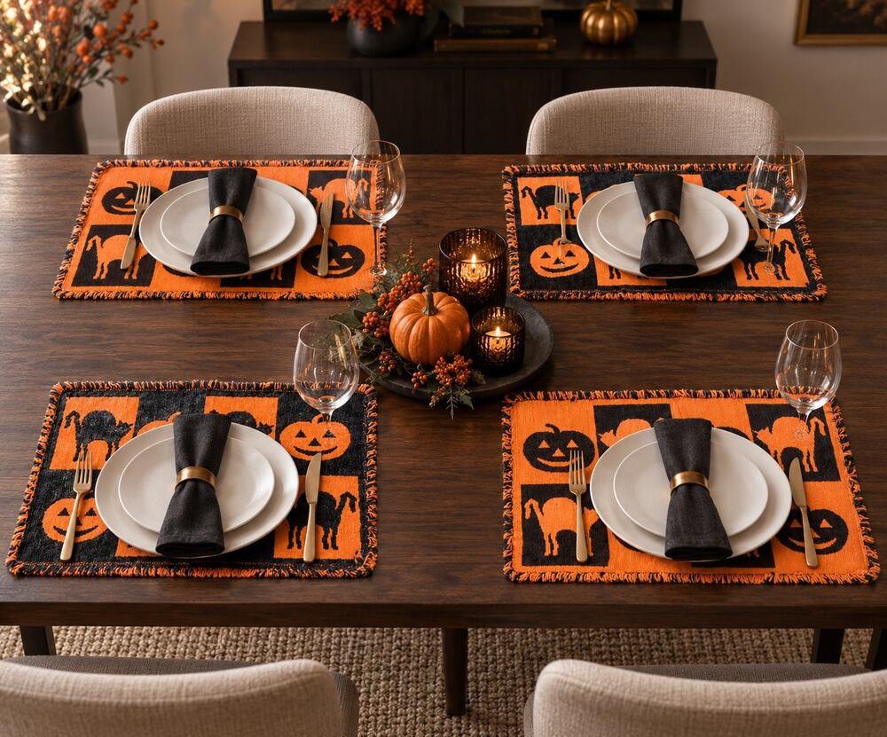 Set of 4 Reversible Halloween Placemats Black Cats Pumpkins Thick Woven